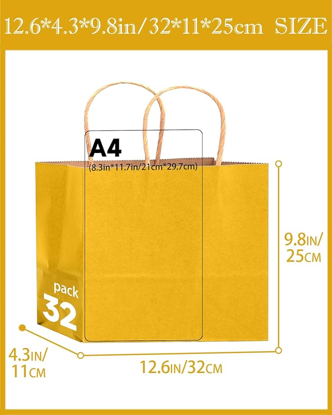 qiqee 13"x4.5"x10" Large Gift Bag with Handles Bulk 32PCS Gift Paper Bags Yellow Bags Multiple Uses (Wide Large)
