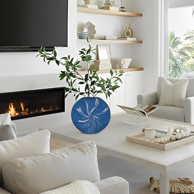 Blue Ceramic Vase for Home Decor – 13" x 11.8" Modern Decorative Vase for Pampas Grass, Artificial Flowers & Dried Bouquets – Elegant Textured Flower Vase for Living Room, Bedroom & Office