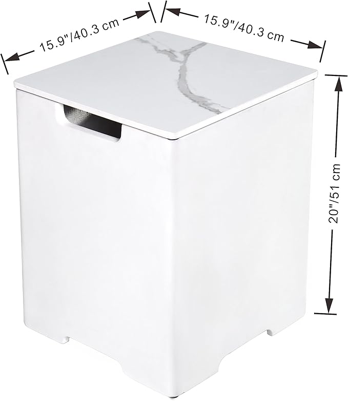 AMS Fireplace | Elementi Square White Marble Propane Tank Cover | Concrete GFRC Base | Dimensions: 15.9 × 15.9 × 20.5 inches | Perfectly Complements Bianco, Athens, and Other Fire Pit Tables