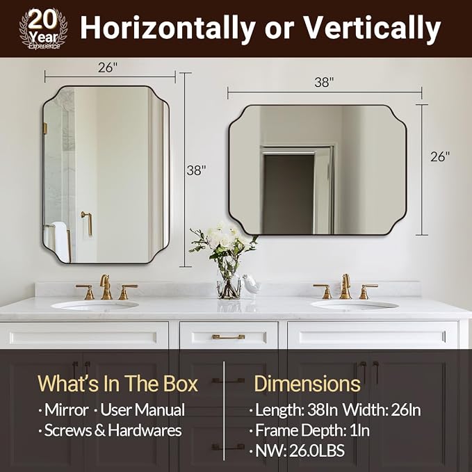 ANDY STAR Brushed Bronze Scalloped Mirror, 26"x38" Bathroom Vanity Mirror, Antique Scalloped Mirror in Premium Stainless Steel Frame, Timeless Shape with Unique Flair, Hangs Vertically/Horizontally