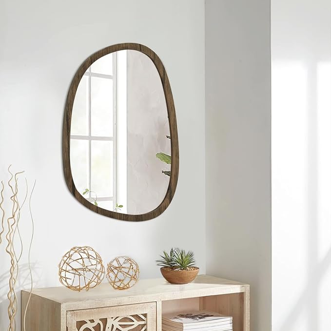 Brown Irregular Mirror for Wall Decor Modern Asymmetrical Wooden Framed Wall Mirror Unique Shape Vanity Artistic Oval Mirror Decorative for Bedroom Bathroom Living Room Entryway Hallway Large