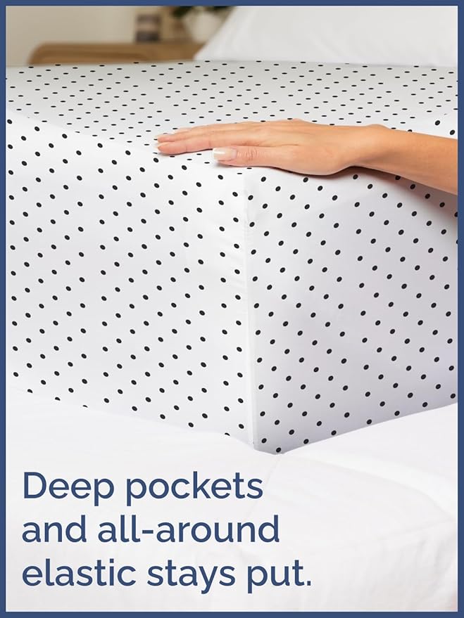 Kids Black Polka Dots Queen 4 Piece Sheet Set - Boys, Girls, Teens, Toddler - Easy Fit Deep Pockets - Breathable, Hotel Quality Sheets - Machine Washable - Wrinkle Free - Cute, Cozy, Soft - CGK Linens