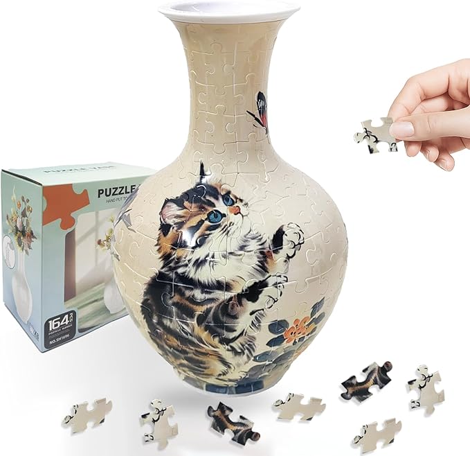 3D Puzzle Vase, 160 Curved Pieces DIY Flower Vase Craft Kit & 3D Puzzles for Adults, Creative Jigsaw Art Project Home Décor Centerpiece, for Women, Mom (Beige Cat & Butterfly)
