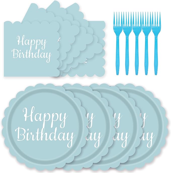 72PCS Light Blue Paper Plates Happy Birthday 7 Inch Scalloped Dessert Plate and Napkins Forks Disposable Cake Salad Fruit Decorative Party Tableware for Birthday Baby Shower Garden Party, Serve 24