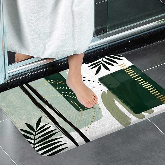 Green Mid Century Bath Rugs for Bathroom, Modern Boho Geometric Abstract Emerald Green Minimalist Striped Non Slip Flannel Bathroom Rug, Dry Fast Water Absorbent Bath Mats, 17x29 Inch