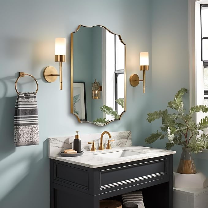 ANDY STAR Gold Mirrors, 24x32 Inch Bathroom Vanity Mirror, Antique Brass Asymmetrical Mirror, Unique Rectangle Mirror with Sophisticated Curved Design, Ideal for Home Decor