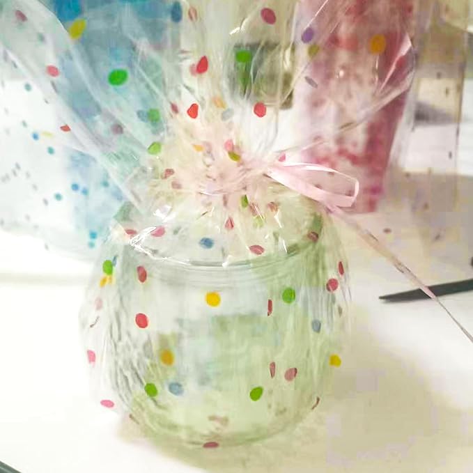 CMFYHM Extra Wide Clear Cellophane Wrap Roll(34" x 100’Ft) Multicolor Polka Dots Transparent Thicker Cellophane Roll, Cellophane Wrap for gift baskets, Flowers, Holiday,Christmas Decorations