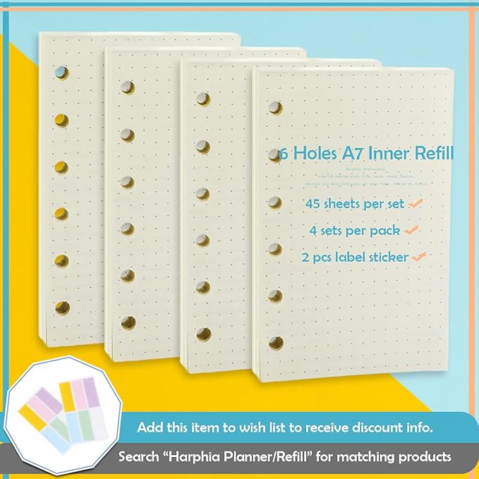 A7 Planner Refill,4 Pcs per Set, Dot Mattrix Paper, with Label Stickers Gift,Mini Binder Refills for 6 Ring Mini Planners,6 hole/100gsm Thick Paper/4.84 x 3.23'', Harphia