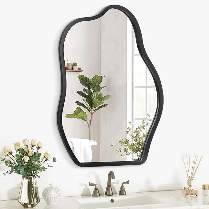 Irregular Mirror for Wall Decor Asymmetrical Wooden Framed Wall Mirror Modern Unique Shape Vanity Artistic Cloud Mirror Decorative for Living Room Bedroom Bathroom Entryway Black