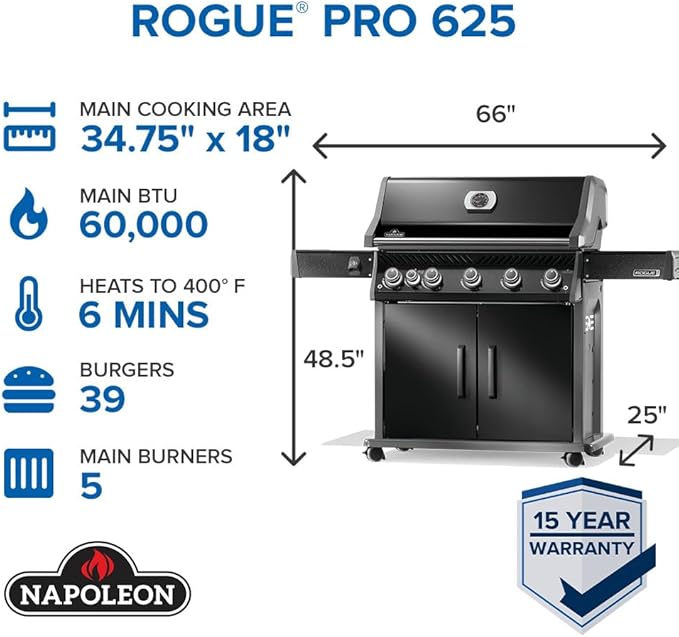 Napoleon Rogue PRO 625 Propane Gas Grill with Infrared Side Burner, Black, Durable 6-Burner Backyard Grill