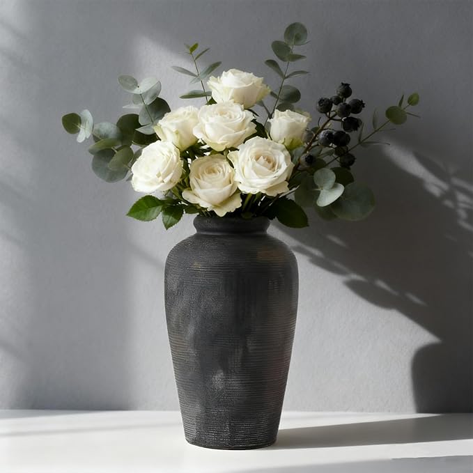 Large Ceramic Vase, 11 inch Minimalist Vase for Home Decor, Handmade Farmhouse Flower Vase for Table Centerpiece, Wedding, Living Room, Kitchen Decoration, Shelf Decor (Black)