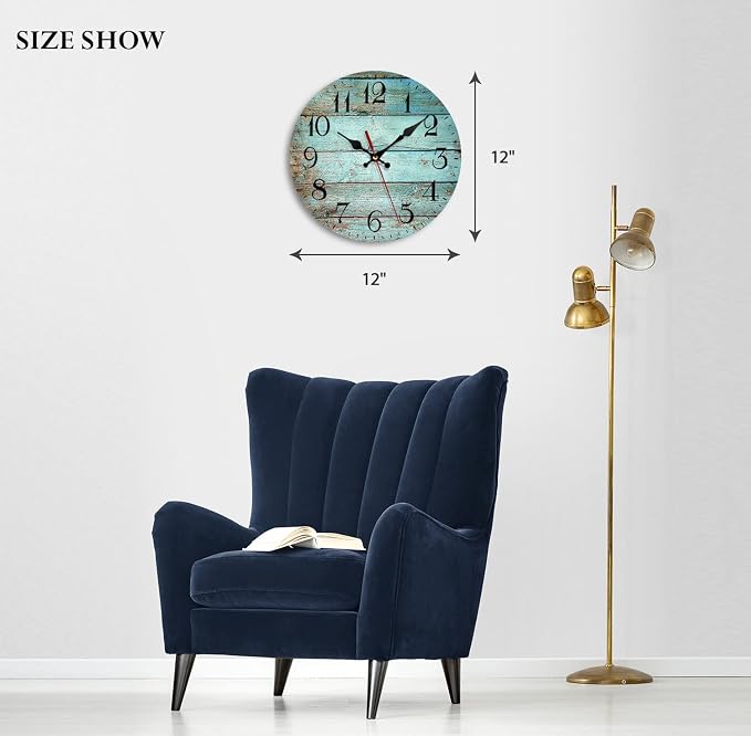 ArtSocket Turquoise Wooden Wall Clock Silent Non-Ticking, Teal Green Blue Wooden Grain Cracked Vintage Round Wall Clocks Decor for Home Kitchen Living Room Office, Battery Operated(12 Inch)