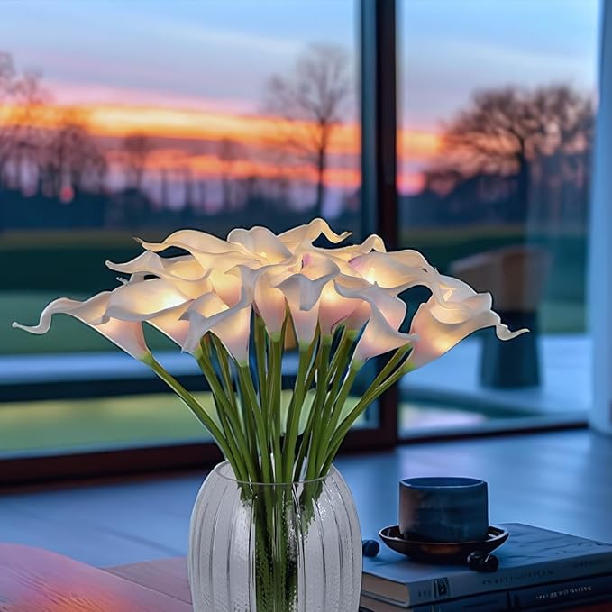 20pcs Artificial Calla Lily Bouquet Lamp Faux Floarl Night Light Real Touch Flower Night Lamp LED Calla Lily Artificial Flower Light for Christmas Gifts Home Kitchen Decor(Whitepurple)