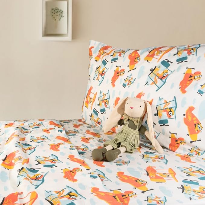 Salt Earth 100% Cotton 210TC Kids Bedsheet, Twin Sheets Set for Toddler Bed, 3 Piece Bedding Set Including Flat Sheet, Fitted Sheet, and Pillowcase, Themed Sheets for a Playful Kids Bed (Helicopter)