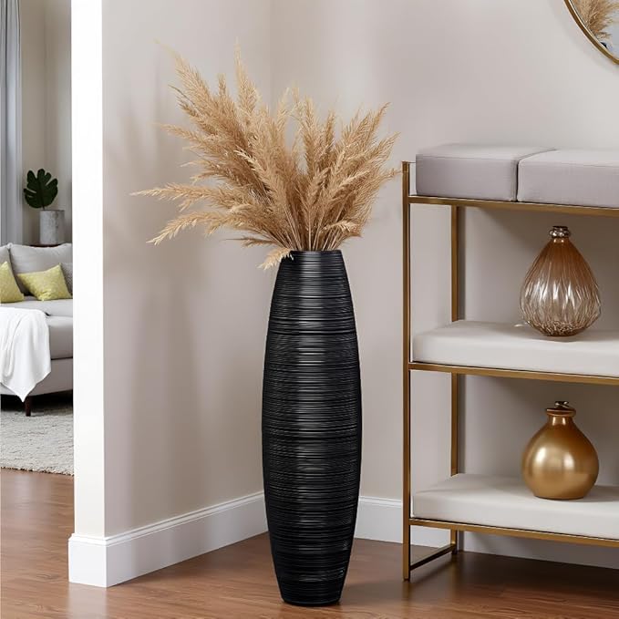 Tall Floor Vase, 27.5 inches (70cm, 2.3FT) Floor Vase Sturdy, Luxury, Textured for Decorative Branches Dried Flowers, Tall Vases for Rustic Living Room, Home Decor, Resin Black Vases