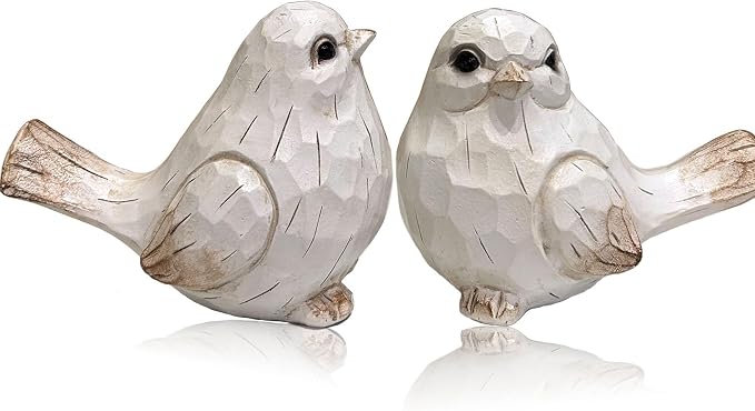 KiaoTime Farmhouse Bird Decor Resin Bird Figurines - Set of 2, Vintage & Modern Bird Decor Statue for Home Decor Accents, Cottage Bird Ornaments Decoration New White Carved Rustic Bird Figurine