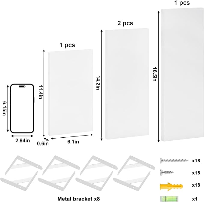 YGEOMER Floating Shelves for Wall, Different Sizes White Wall Shelves for Living Room, Bathroom, Bedroom, Kitchen, Home Decor (Set of 4)