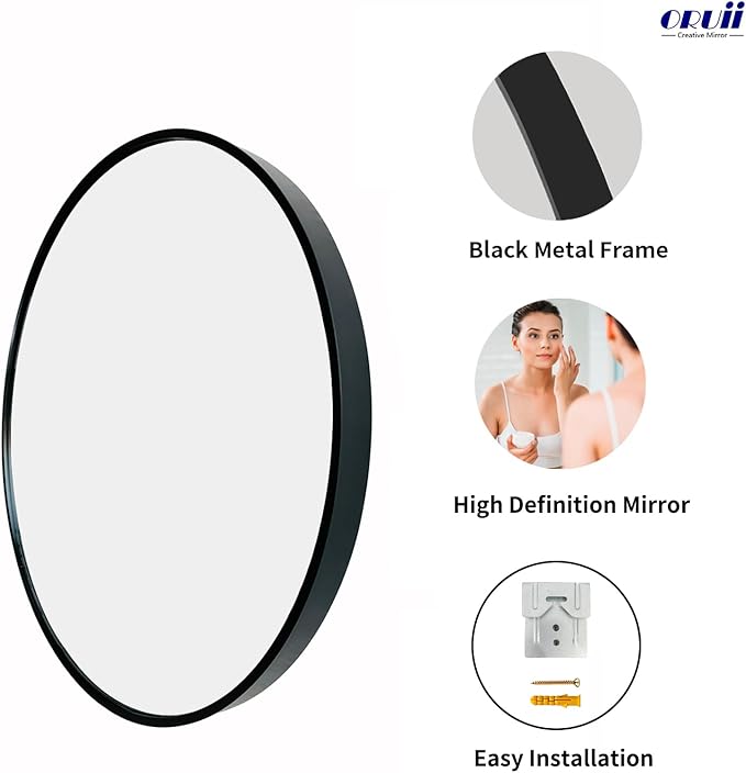 Oruii Round Mirror, Black Round Mirror 24 inch, Circle Wall Mirrors Metal Frame, Black Circular Mirrors for Bathroom, Wall, Living Room, Entryway, Hallway, Vanity, Rustic