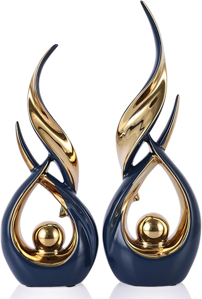 2 PCS Blue Gold Ceramic Statues For Home Decor Accents, Modern Abstract Art Sculptures, Elegant Tabletop Decorative Objects For Dining Room, Entryway, Tv Stand, Mantel, Coffee Table Centerpieces