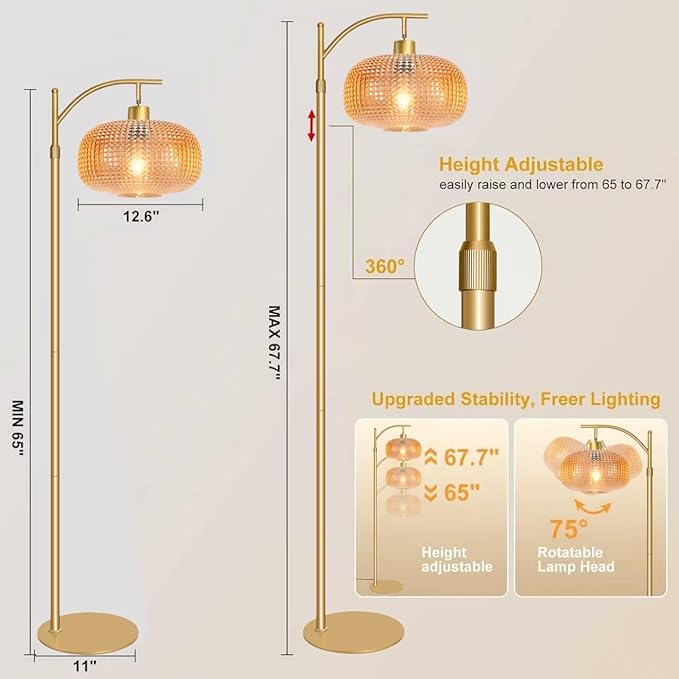 Glass Floor Lamp for Living Room, Modern Standing Lamp for Bedroom, Dimmable Tall Lamp with Shade, Remote,12W LED Bulb Included (Gold+Amber)