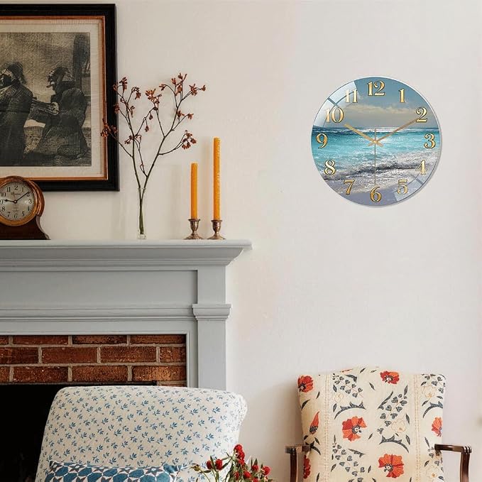 12 Inch Ocean Beach Glass Wall Clock Silent Coastal Art Decor | Silent glossy wall clock featuring a stunning ocean beach scene, perfect for adding a coastal vibe to living room or bedroom