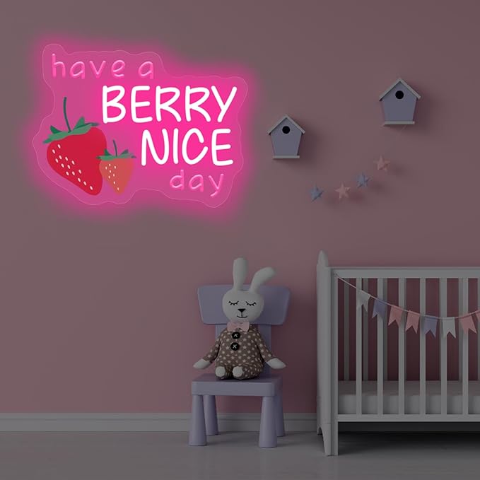 Have A Berry Nice Day Neon Sign, Aesthetic Wall Art, Light up My Happy Place Sign for Encouraging Light, Vintage Strawberry Decor, Pink Led Light for Bedroom, Club, Gifts For Birthday, Christmas Party