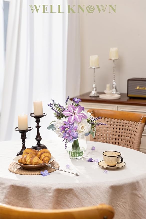 WELL KNOWN Fake Flowers in Vase Artificial Flowers with Fake Water, Real Touch Faux Silk Rose & Blooming Tulips Spring Flower with Lavender Arrangements for Table Decor (White Purple)