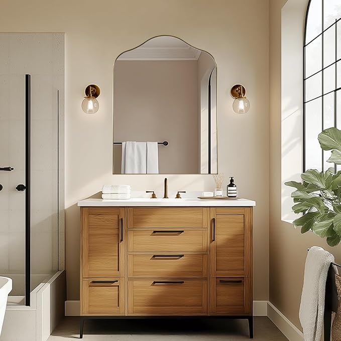 ANDY STAR Brass Scalloped Arched Wall Mirror, 30x40 Brushed Gold Irregular Bathroom Mirror with Curved Design for Vanity, Powder Room, Fireplace, Mantel, with Stainless Steel Metal Frame
