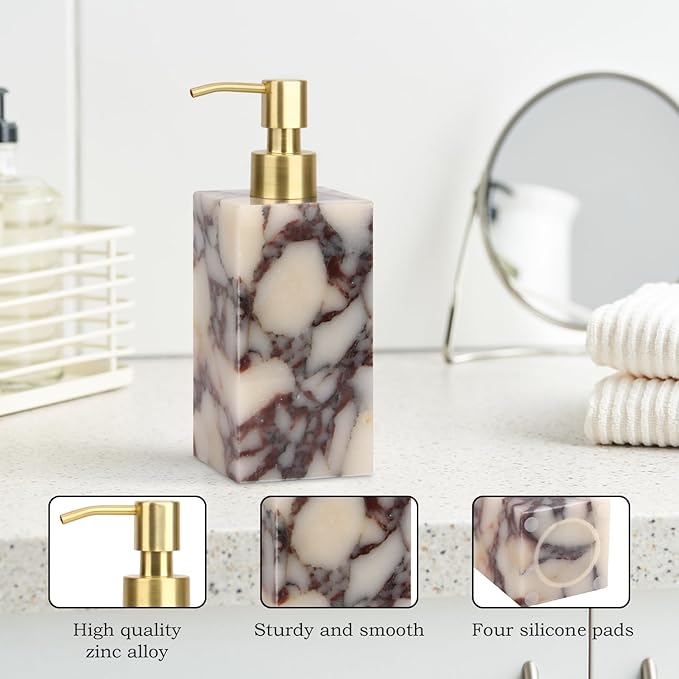 Natural Marble Soap Dispenser for Bathroom and Kitchen Countertop - 5.41 Ounces Hand Lotion and Liquid Stone Shampoo Laundry Bottle with Pump (1, Calacatta Viola, Rectangular Bottle)