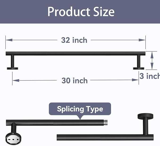 Matte Black Towel Bar, 30 Inch Bathroom Towel Rack (Total Length 32-Inch), Towel Holder Wall Mounted, Thicken SUS304 Stainless Steel Towel Rod Modern Home Decor