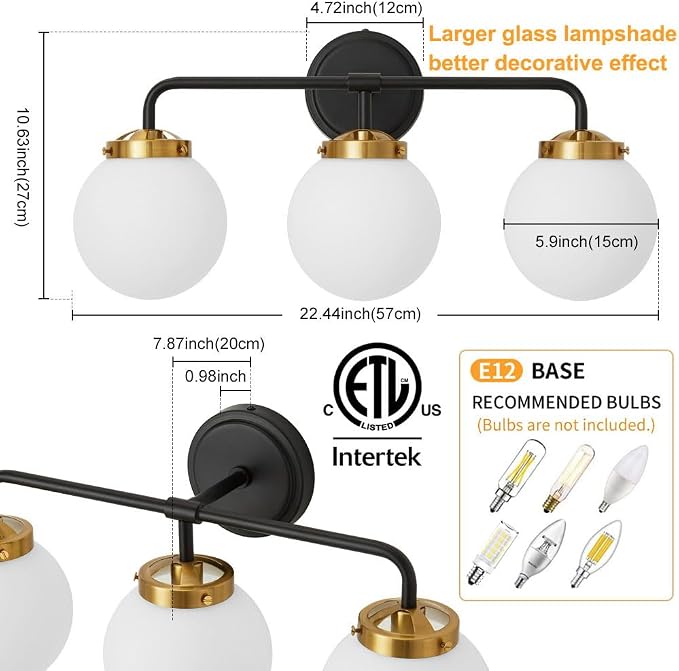 Black Gold Bathroom Light Fixtures Over Mirror, 22.4'' Modern Vanity Lighting with White Glass Globe Shade 3-Light Farmhouse Wall Sconce