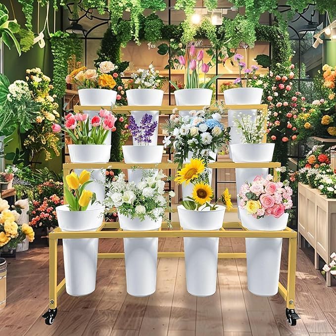 PROLEE Flower Display Stand with 12 Buckets, Flower Cart 3 Layers, Flower Stand Metal with Wheels, Moving Florist Bouquet Shelf, Rectangular Rack (Gold)