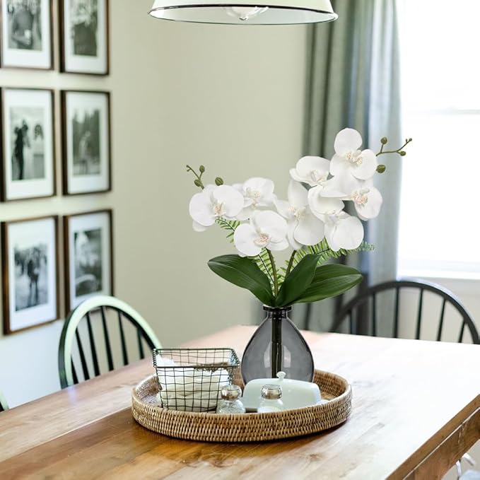 Oairse White Orchids Artificial Flowers, Faux Orchid in Glass Vase Real Touch Small Phalaenopsis Orchid Flowers Arrangements with Black Vase Orchids Centerpiece for Dining Room Table