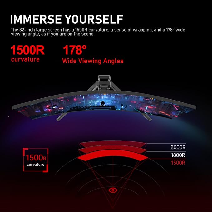 Gawfolk 32-inch 4K Ultra HD Curved 1500R Computer Monitor, 160Hz Gaming Screen, 1ms, Adaptive Sync, 128% sRGB, 178° Wide Viewing Angle, HDMI 2.1, DisplayPort, Compatible with 75*75MM Wall Mount-Black