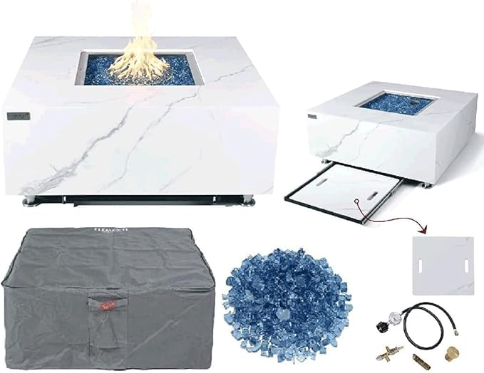 Elementi+ | Bianco Gas Fire Pit | Marble Porcelain & Metal Frame | 40" Square Fire Table | Electronic Ignition | Canvas Cover, Fire Glass & Burner Lid Included | White | Propane Gas