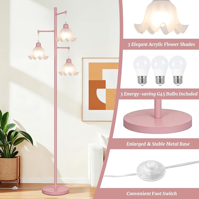 TOBUSA Pink Flower Floor Lamp for Living Room, 3-Light Vintage Standing Lamp with 3 E26 Bulbs, 68’’ Tall Corner Floor Lamp with Floral Lampshades, Modern Boho Floor Light for Bedroom Office Girls
