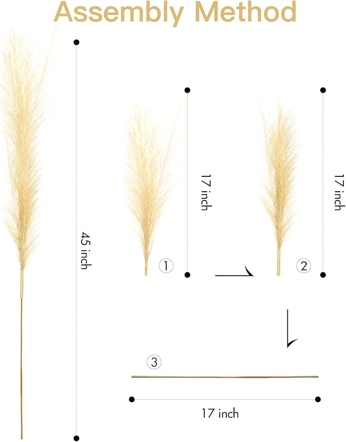 9 Pcs 45" Tall Pampas Grass Gold Decor, Long Stem Artificial Flower Floor Vase Large Faux Floral Pompas Fake Plants Dried Bouquet Arrangement Vase Filler for Boho Home Wedding Decoration