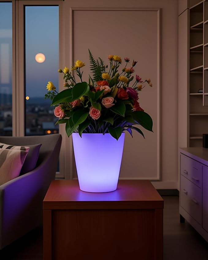 Mr.Go RGB LED Flower Pot Light w/Remote, 16 Color Changing Colorful Flowerpot, Rechargeable Lighted Planter & Ice Bucket for Home Decor, Perfect for Garden, Party, Wedding, Gifts (16-inch Round)