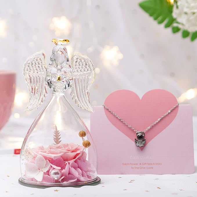 ANWEAO Women Gifts for Christmas Preserved Rose Forever Flower in Glass Angel Figurines Fresh Flowers for Delivery Prime Gifts for Mom, Real Pink Roses Gift for Grandma Mom Sister Wife Her