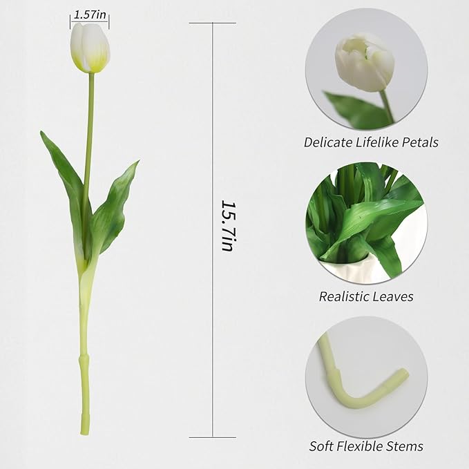 20 Artificial Tulips in Fluted Glass Vase, Waterproof Faux Flowers Bouquet for Wedding Home Office Decor, Table Centerpiece, Housewarming Birthday Gift Set (White)