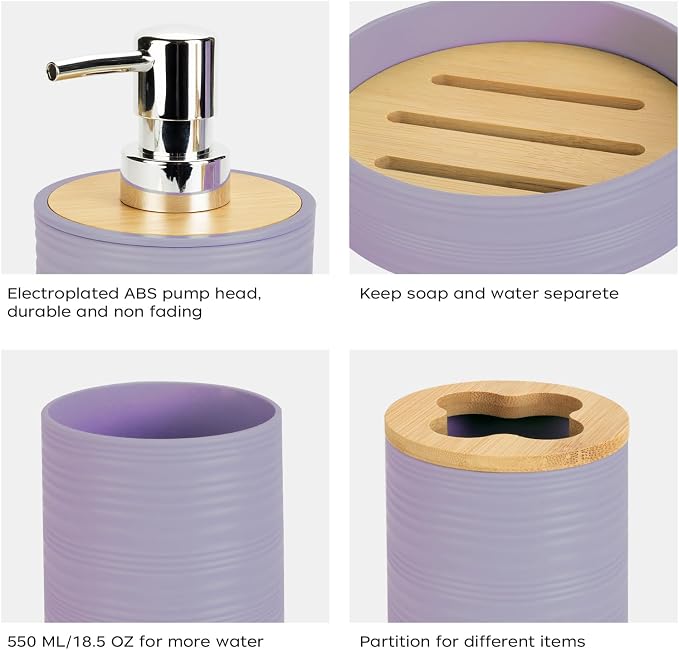 4 PCS Lavender Bathroom Accessories Set, Includes a Soap Dispenser, Toothbrush Holder, Soap Dish and Mouthwash Cup, Plastics & Bamboo Bathroom Set, Bohemian Style Bathroom Sink Set