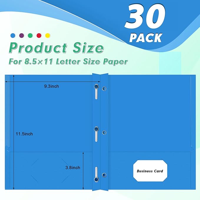 Two Pocket Folders, PANDRI 30 Pack Two Pocket Folders with Prongs, Designed for Office and Classroom, Assorted 5 Colors 2 Pocket 3 Prong Folders