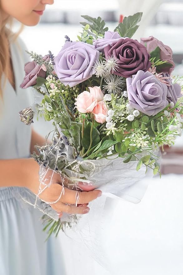 Purple Artificial Roses 25pcs, Real Looking Fake Foam Flowers with Stems for DIY Wedding Bouquets, Centerpieces, Bridal Shower, Party, Valentine's Day Decoration