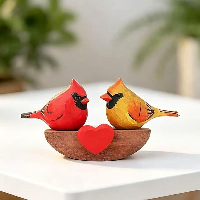 Handmade Wooden Cardinal Figurines on Heart Base - Set of 3 Hand-Carved Male & Female Red Bird Statues - Romantic Couples Gift for Anniversary, Valentine's Day, Wedding & Home Decor Accents