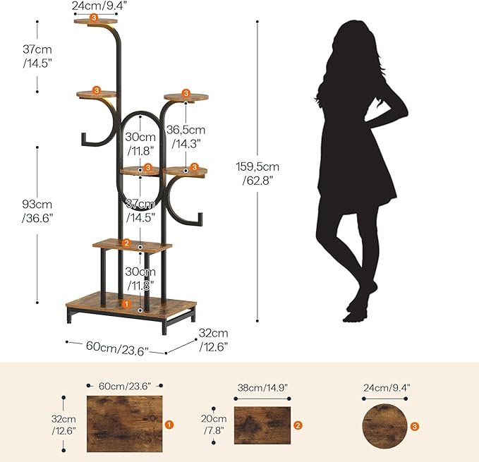 HOOBRO 7 Tiered Plant Stand Indoor with Grow Lights, 63" Corner Plant Stand for Indoor Plants, Metal Corner Shelf with 2 Hanging Basket Spots, for Home, Living Room, Rustic Brown and Black BF12DHJ01