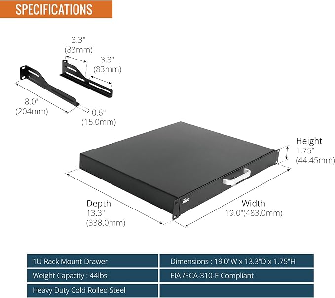 Tecmojo 1U Rack Drawer,Rack Mount Drawer for 19in Network Equipment/Server/AV Rack or Cabinet Enclosure,Sliding and Lockable Server Rack Drawer - Load-Bearing 22lb (10kg),with Cable Management Holes