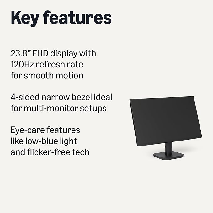 Amazon Basics 23.8-inch Computer Monitor 120 Hz, 1080P, HDMI, DP, VGA, VESA Compatible for Office,Home