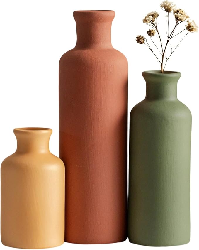 Modern Ceramic Vase Set of 3, Neutral Colors, Decorative Bottles for Home, Farmhouse Rustic Decor, Housewarming Gifts, Wedding Gifts, Bridal Shower Gifts, Birthday Gifts for Women (Green Mix)