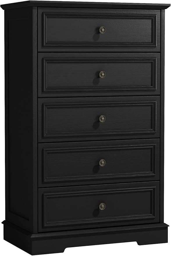 Black 5 Drawer Dresser for Bedroom, 44" Tall Dresser with Metal Handle, Modern Chest of Drawers for Closet Organizer, Farmhouse Wood Dressers for Bedroom, Living Room, Hallway