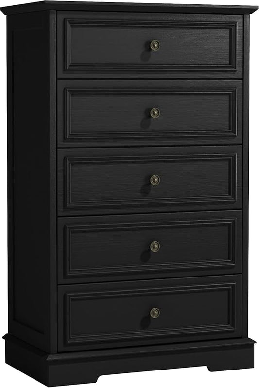 Black 5 Drawer Dresser for Bedroom, 44" Tall Dresser with Metal Handle, Modern Chest of Drawers for Closet Organizer, Farmhouse Wood Dressers for Bedroom, Living Room, Hallway